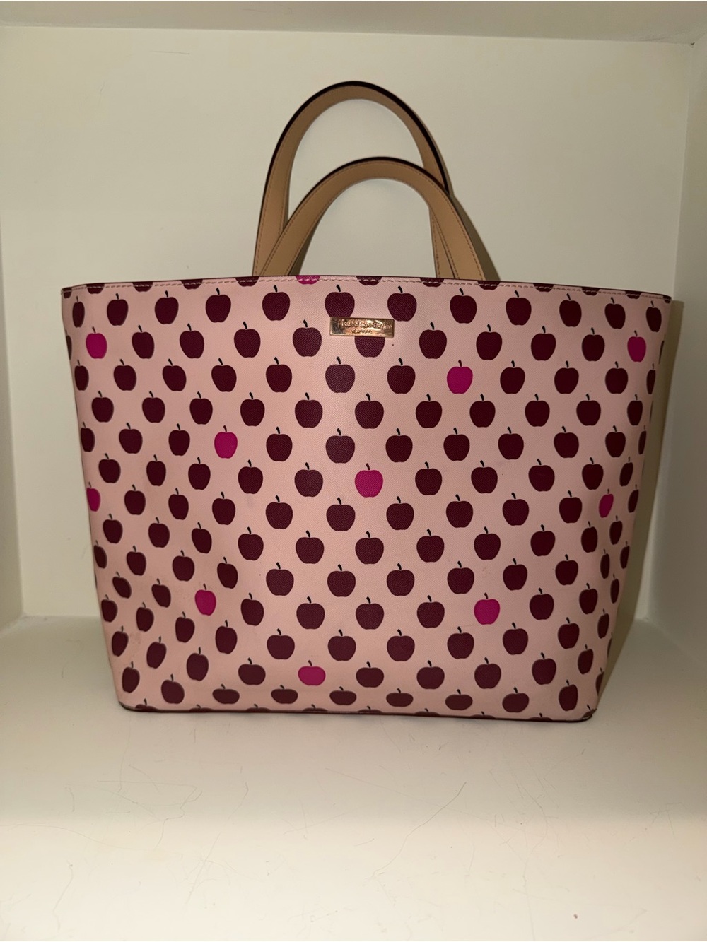 kate spade Pink Apple Print Tote with Tan Handles